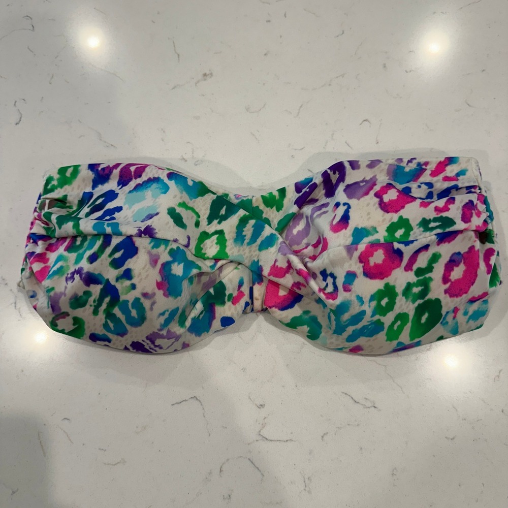 Victoria's Secret Padded Bandeau Bikini Top Neon Leopard Print 36C Twist Front
